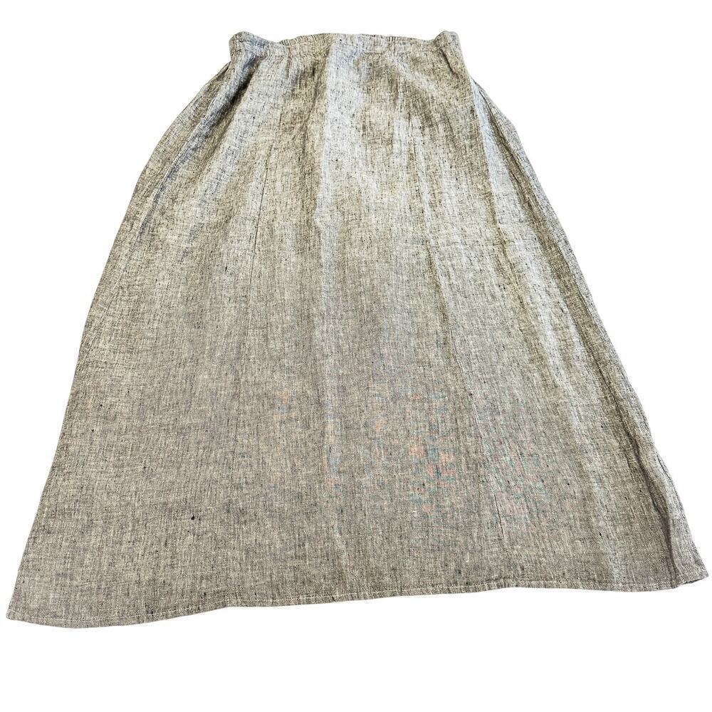 Flax Heather Gray Long Midi Skirt 100% Linen Patterned Stretch Waistband Size L